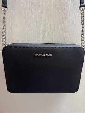Michael Kors Black Saffiano Crossbody with Silver Chain